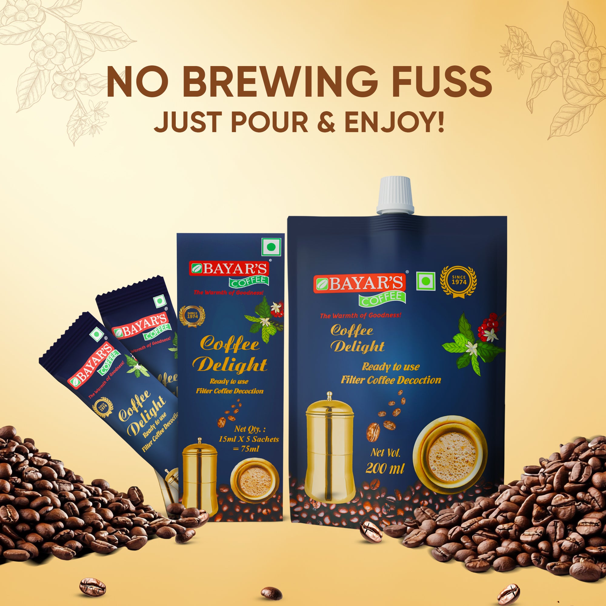 Bayar's Coffee Delight South Indian Filter Coffee Decoction Liquid, Ready-to-Use Concentrate Multi 200ml Packs
